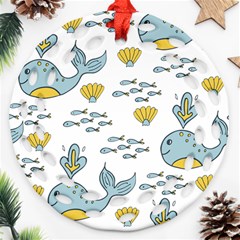 Cartoon Whale Seamless Background Pattern Ornament (round Filigree)