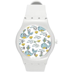 Cartoon Whale Seamless Background Pattern Round Plastic Sport Watch (m) by Jancukart