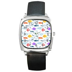 Animal Fish Bird Animals Ocean Pattern Square Metal Watch by Jancukart