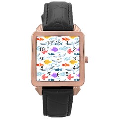 Animal Fish Bird Animals Ocean Pattern Rose Gold Leather Watch 