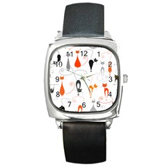 Cartoon Cat Seamless Pattern Graphic Square Metal Watch