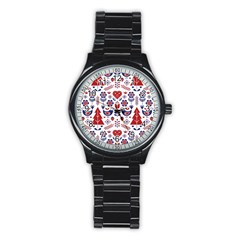 Scandinavian Folk Seamless Pattern Stainless Steel Round Watch