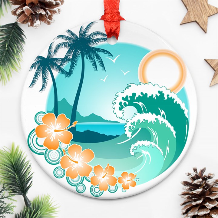 Paradise Heaven Holiday Beach Orange Ocean Round Ornament (Two Sides)