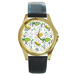 Hamburger With Fruits Seamless Pattern Round Gold Metal Watch