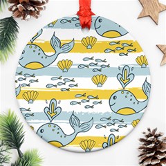 Cartoon Whale Seamless Background Ornament (round) by Jancukart