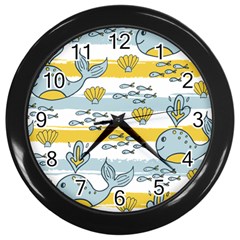 Cartoon Whale Seamless Background Wall Clock (black)