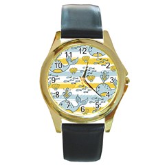 Cartoon Whale Seamless Background Round Gold Metal Watch by Jancukart