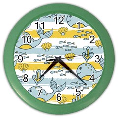 Cartoon Whale Seamless Background Color Wall Clock