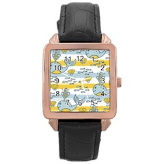 Cartoon Whale Seamless Background Rose Gold Leather Watch 