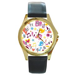 Love Cute Cartoon Seamless Shading Round Gold Metal Watch by Jancukart