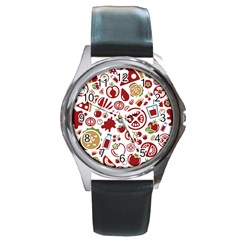 Pizza Seamless Pattern Background Round Metal Watch