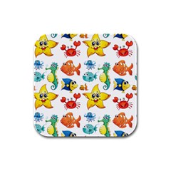 Fish Ocean Water Sea Life Seamless Background Rubber Square Coaster (4 Pack) by Jancukart