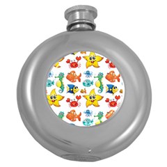 Fish Ocean Water Sea Life Seamless Background Round Hip Flask (5 Oz)