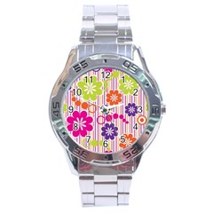 Multicolored Floral Wallpaper Pattern Background Texture Surface Stainless Steel Analogue Watch