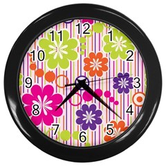 Multicolored Floral Wallpaper Pattern Background Texture Surface Wall Clock (black) by danenraven