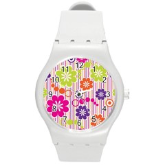 Multicolored Floral Wallpaper Pattern Background Texture Surface Round Plastic Sport Watch (m) by danenraven