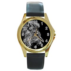 Roar Angry Male Lion Black Round Gold Metal Watch by danenraven