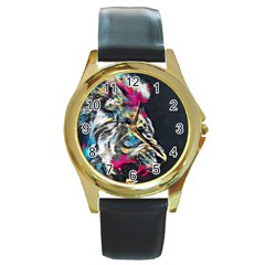 Angry Male Lion Roar Round Gold Metal Watch by danenraven