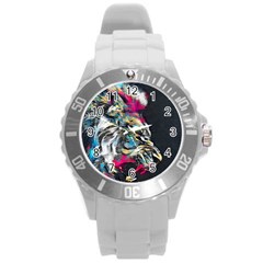 Angry Male Lion Roar Round Plastic Sport Watch (l) by danenraven