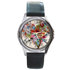 Multicolored Floral Digital Wallpaper Abstract Flowers Heart Free Download Round Metal Watch by danenraven