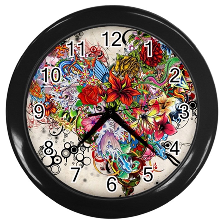 Multicolored Floral Digital Wallpaper Abstract Flowers Heart Free Download Wall Clock (Black)