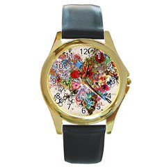 Multicolored Floral Digital Wallpaper Abstract Flowers Heart Free Download Round Gold Metal Watch by danenraven