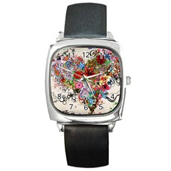 Multicolored Floral Digital Wallpaper Abstract Flowers Heart Free Download Square Metal Watch by danenraven