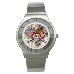 Multicolored Floral Digital Wallpaper Abstract Flowers Heart Free Download Stainless Steel Watch by danenraven