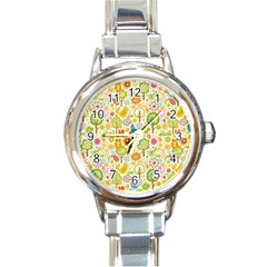 Nature Doodle Art Trees Birds Owl Children Pattern Multi Colored Round Italian Charm Watch by danenraven