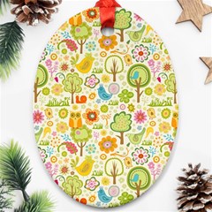 Nature Doodle Art Trees Birds Owl Children Pattern Multi Colored Ornament (oval) by danenraven