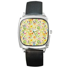 Nature Doodle Art Trees Birds Owl Children Pattern Multi Colored Square Metal Watch by danenraven