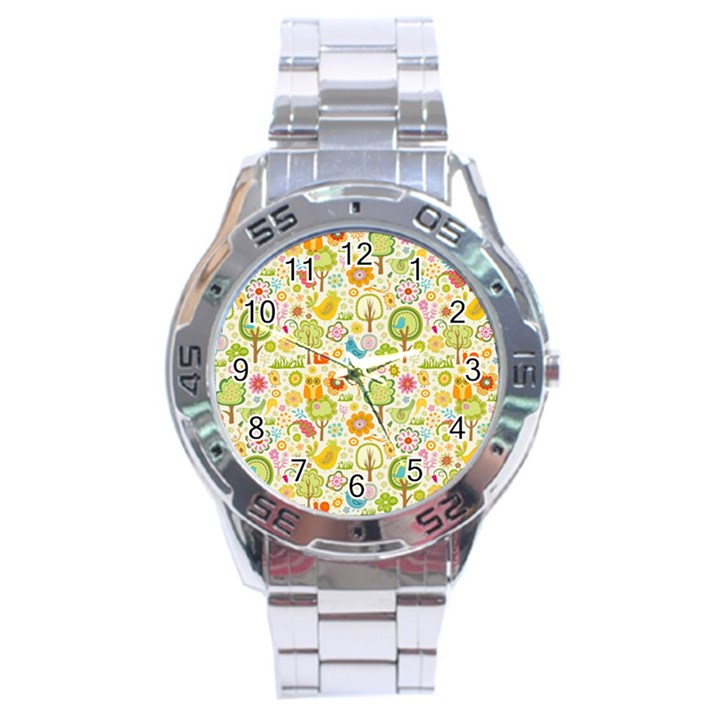 Nature Doodle Art Trees Birds Owl Children Pattern Multi Colored Stainless Steel Analogue Watch