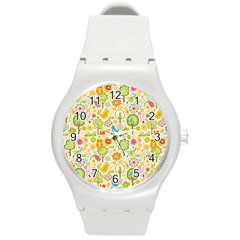 Nature Doodle Art Trees Birds Owl Children Pattern Multi Colored Round Plastic Sport Watch (m) by danenraven