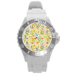 Nature Doodle Art Trees Birds Owl Children Pattern Multi Colored Round Plastic Sport Watch (l) by danenraven