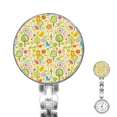 Nature Doodle Art Trees Birds Owl Children Pattern Multi Colored Stainless Steel Nurses Watch by danenraven