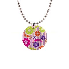 Multicolored Floral Wallpaper Pattern Background Texture Surface 1  Button Necklace by danenraven