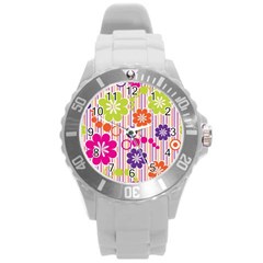 Multicolored Floral Wallpaper Pattern Background Texture Surface Round Plastic Sport Watch (l) by danenraven