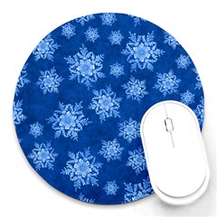 Snowflakes And Star Patterns Blue Snow Round Mousepad by artworkshop