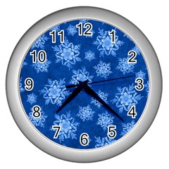 Snowflakes And Star Patterns Blue Snow Wall Clock (silver) by artworkshop