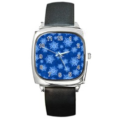 Snowflakes And Star Patterns Blue Snow Square Metal Watch by artworkshop