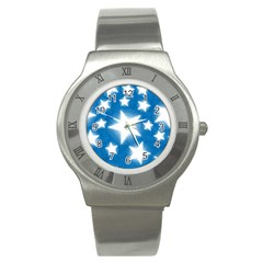 Snowflakes And Star Patterns Blue Stars Stainless Steel Watch by artworkshop