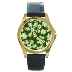 Snowflakes And Star Patterns Green Frost Round Gold Metal Watch by artworkshop