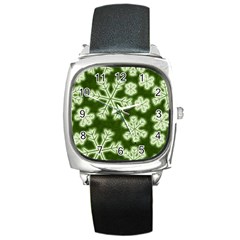 Snowflakes And Star Patterns Green Frost Square Metal Watch by artworkshop