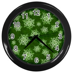 Snowflakes And Star Patterns Green Snow Wall Clock (black) by artworkshop