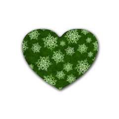 Snowflakes And Star Patterns Green Snow Rubber Heart Coaster (4 Pack)