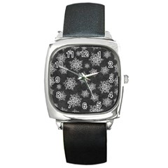 Snowflakes And Star Patterns Grey Snow Square Metal Watch