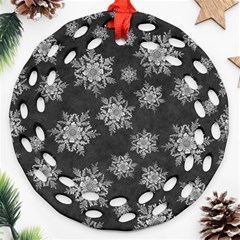 Snowflakes And Star Patterns Grey Snow Round Filigree Ornament (two Sides) by artworkshop