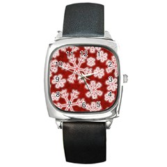 Snowflakes And Star Patterns Red Frost Square Metal Watch by artworkshop