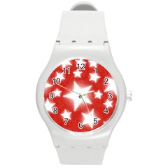 Snowflakes And Star Patterns Red Stars Round Plastic Sport Watch (m) by artworkshop