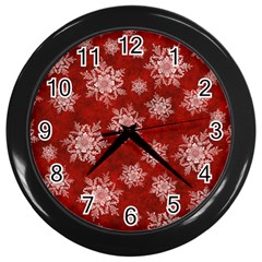 Snowflakes And Star Patternsred Snow Wall Clock (black) by artworkshop